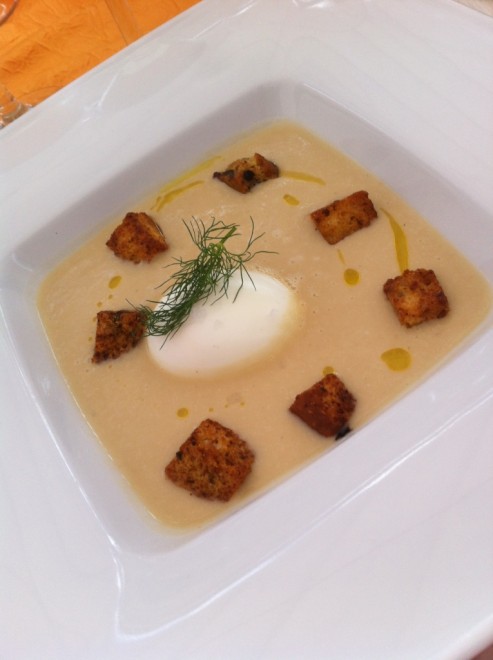 Vichyssoise with soft boiled egg and croutons